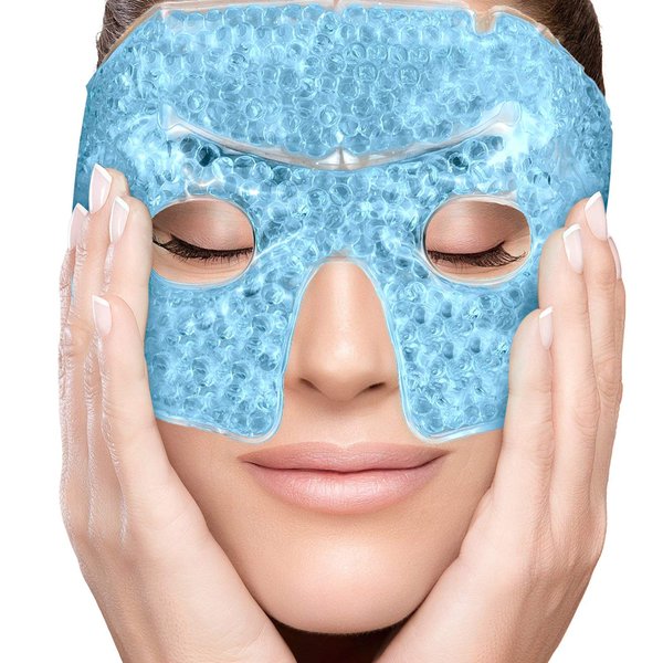 PerfeCore Eye Mask Get Rid of Puffy Eyes Migraine Relief, Sleeping, Travel Therapeutic Hot Cold Compress Pack with Cover Gel Beads, Spa Therapy Wrap for Sinus Pressure Face Puffiness Headaches Blue