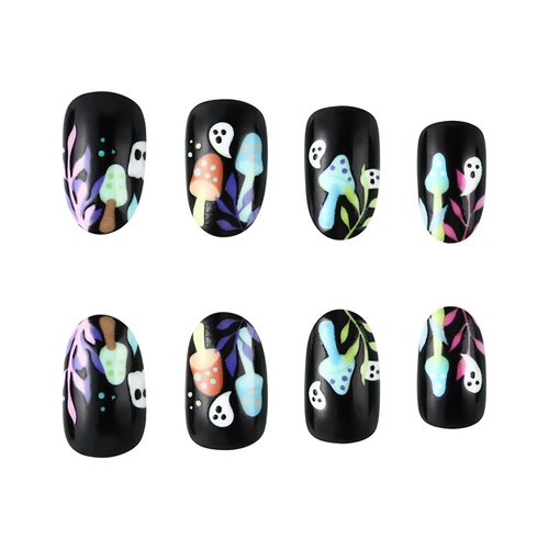 LBPEPAMZ Halloween Extra Short Press on Nails, Black Gothic Matte Mushroom Devil Glue on Gel Nails,Reusable Glossy Stick on Nails Squoval Artificial Nails for Women Manicure Nail Decor 24 Pcs