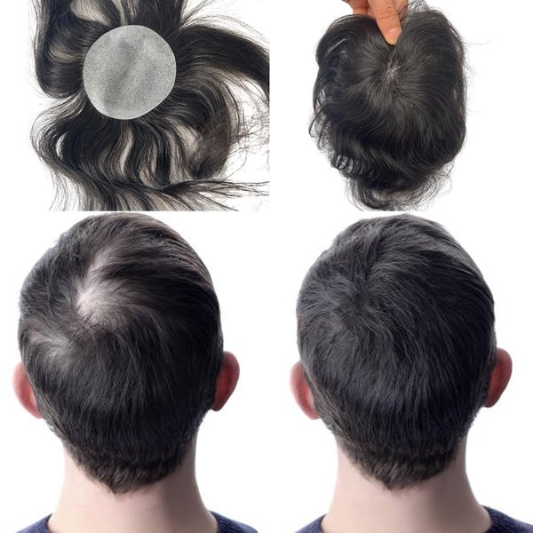 Voloria Bald Spot Hair Patch Toupee for Men 3.15x3.15inches Full PU Skin Base Cover-up Hair Patches Pieces Human Hair Topper Reaplcement Systems Hairpiece (1B Black Color)