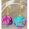 d20 20-Sided Polyhedral Dice Earrings - Hook with Earnuts (Light Blue-Purple Swirl)