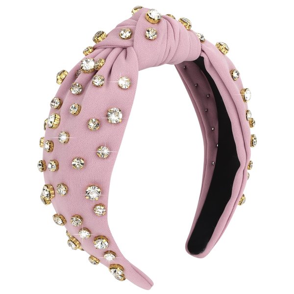 Ondder Pink Knotted Headband for Women’s Hair Top Knot Beaded Women Headband Shiny Rhinestone Headband Fashion Jeweled Headband Rhinestone Hair Accessories for Women