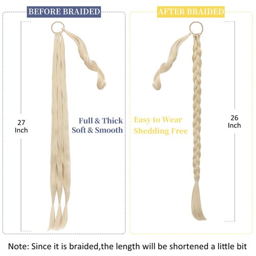 Fanguilar 26 Inch Long Braided Ponytail Extension with Hair Tie Bleach Blonde Straight Wrap Around for Women Synthetic High Temperature Fluffy Natural Soft Hair Piece for Daily Wear