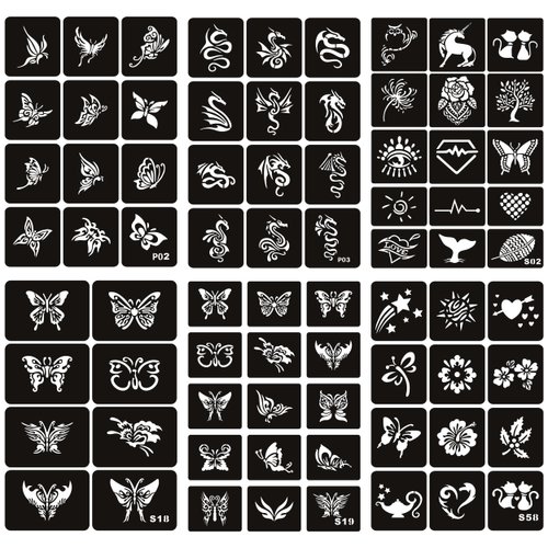 Butterfly Flower Dragon Temporary Tattoo Stencils - 6 Sheets Glitter Henna Tattoo Templates for Women, Boys, and Girls Body Art