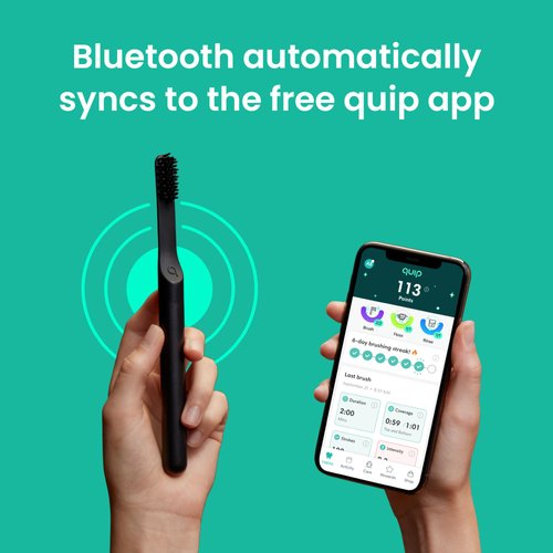 Quip Adult Smart Electric Toothbrush - Sonic Toothbrush with Bluetooth & Rewards App, Travel Cover & Mirror Mount, Soft Bristles, Timer, and Metal Handle - All-Black