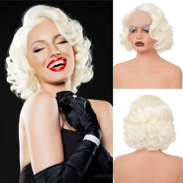 Salaibs Blonde Short Curly Lace Front Wig for Women Side Part Wig Finger Wave Synthetic Heat Resistant Wigs for Cosplay Costume Daily Use