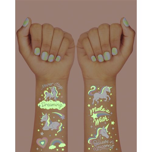 xo, Fetti Rainbow Unicorn Party Favors - Temporary Tattoos for Kids - 46 Glow In The Dark Styles | Birthday Party Supplies, Unicorn Favors Decorations, Toys + Halloween Costume