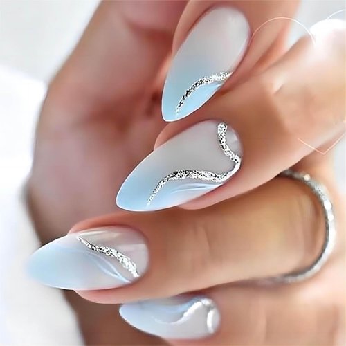 RUOKEXIN Nail Press ons Almond Press on Nails Medium Fake Nails Blue Ombre Acrylic False Nails with Silver Ripple Line Designs Glitter Artificial Nails Spring Glossy Stick on Nails for Women 24Pcs