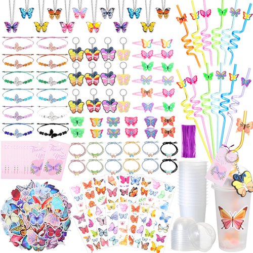 Ecally 211 Pcs Butterfly Party Favors for Girls with Butterfly Keychain Hairpins Stickers Bracelet Ring Necklace Tattoo Reusable Straws Plastic Cups with Dome Lids Tag for Kids Fairy Birthday Gift