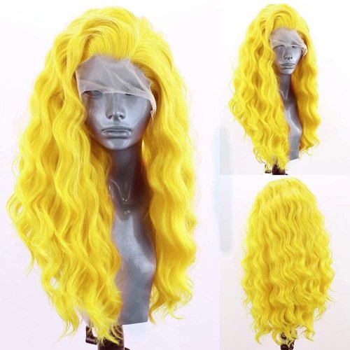 RONGDUOYI RDY Lemon Yellow Fashion Lace Front Wigs for Women Pre Plucked Body Wave Synthetic Wig with Free Part Natural Hairline Wig Cosplay Party Makeup Wigs 24Inches