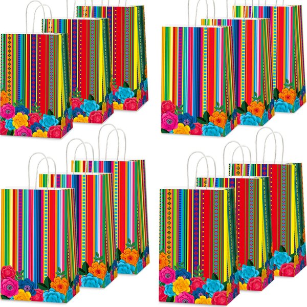 12pcs Mexican Fiesta Party Favor Bags Mexican Treat Bags Cinco De Mayo Candy Bag Floral Stripes Gift Goodie Bag for Flowers Birthday Party Taco Wedding Baby Shower Supplies Decorations 4.7*3.15*8inch