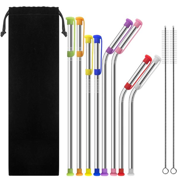 8 pcs Stainless Steel Straws with 8 Dust-proof Cover, SENHAI Bent + Straight Metal Drink Straw with Silicone Silencers Cap & 2 Brushes for 30 20 Ounce YETI Rambler Cup RTIC Ozark Trail