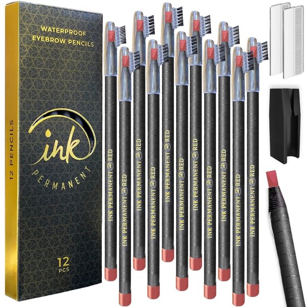 Ink Permanent Waterproof Eyebrow Mapping Pencils for Permanent Makeup, Microblading, and Blades Henna Applications 12 Piece Brow Mapping Peel Off Pencil Set with Shaper/Sharpener and For Marking (Red)