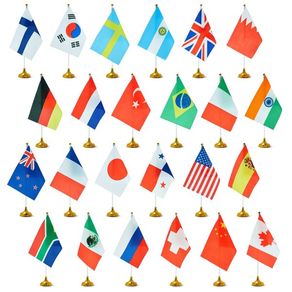 Juvale Set of 24 Small International Country Flags of the World with Stands for Desk Decorations (8x6 Inches)