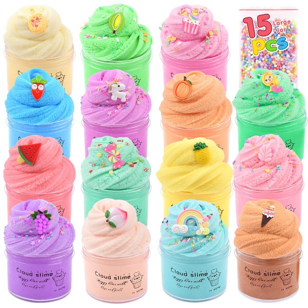 15 Pack Christmas Cloud Slime Kit with Peach Cake Fruits Animals, and Pink Charms, Scented DIY Slime Supplies for Girls and Boys, Stress Relief Toy for Kids, Education Birthday Party Favor 4-12