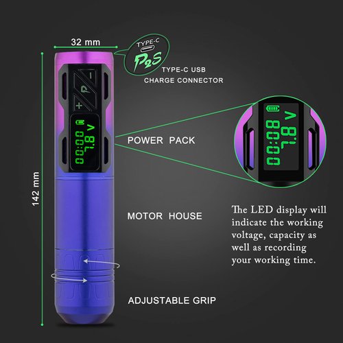 EZTAT2 Wireless Tattoo Machine - 4.0mm Stroke Tattoo Pen Machine with 1800mAh Battery Power Supply Rotary Tattoo Gun Equipment Needle Cartridges for Professional Tattoo Supply (Portex 2S Purple)