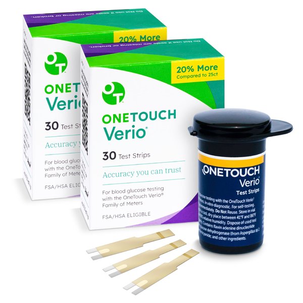 OneTouch Verio Test Strips for Diabetes Value Pack - 60 Count | Diabetic Test Strips for Blood Sugar Monitor | Home Self Glucose Testing | 2 Boxes, 30 Test Strips Per Pack