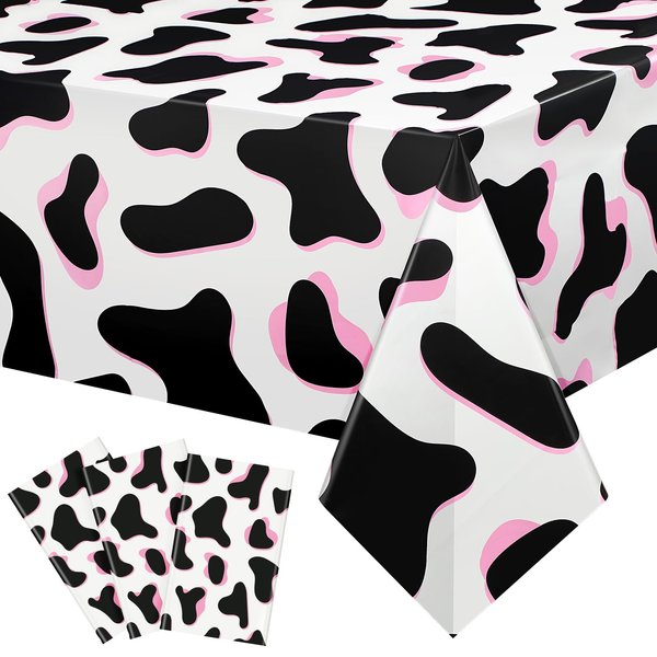 Tiamon 3 Pcs Pink Cow Print Tablecloth 108 x 54 Inch Cow Birthday Party Table Cloth Disposable Plastic Cow Print Table Cover for Disco Pink Cowgirl Birthday Decorations Supplies