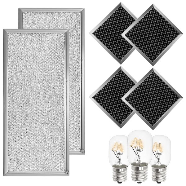 Fits for Whirlpool W10208631A Microwave Grease Filter - Approx 13" x 6" (2-Pack) & 8206230A Microwave Charcoal Filter (4-Pack) & 8206232A Microwave Light Bulb (3-Pack)