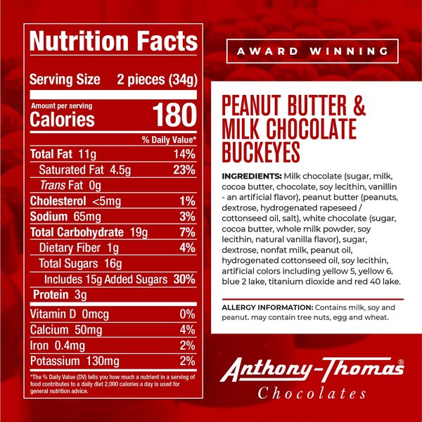Anthony Thomas, Great Tasting Peanut Butter & Milk Chocolate Buckeyes in Regular Box, Deliciously Delightful Snacks (6 Count)