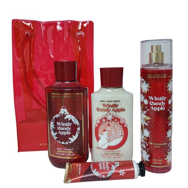 Bath Body Works Winter Candy Apple Lotion, Gel, MIst, Cream Gift Bag Set