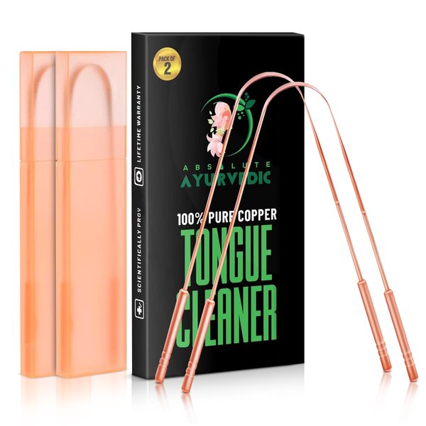 Absolute Ayurvedic Tongue Scraper Cleaner With Copper Metal | Dentist Recommended Tongue Cleaner For Oral Health and Fresh Breath | Oral Hygiene Kit For Adults | Pack of 2 with Travel Case
