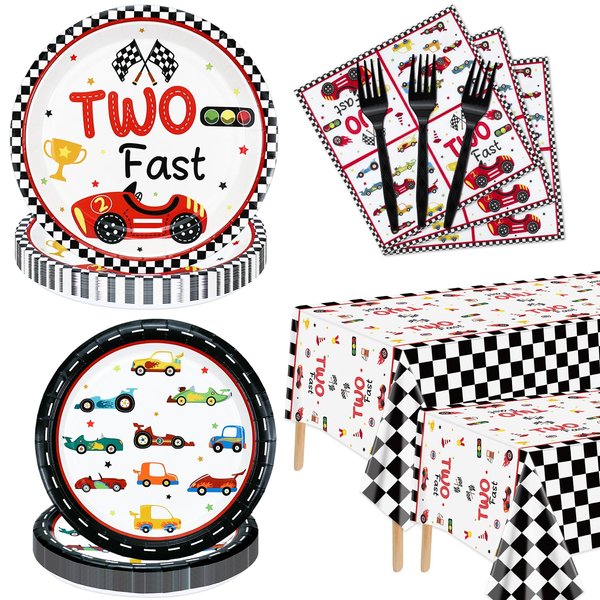 162Pcs Two Fast Race Car 2nd Birthday Party Decorations - Race Car Plates, Napkins, Tablecloth for Boys Kids' Two Year Old Party Race Car Birthday Party Supplies, Serves 40 Guest (Two Fas-40 set)