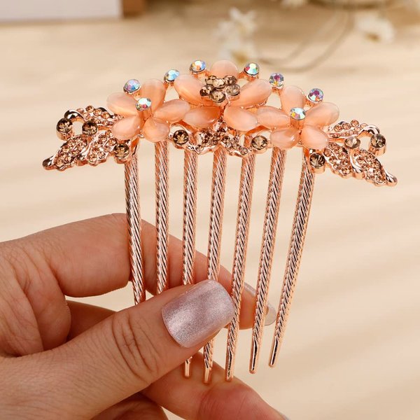 Missgrace Boho Luxury Glitter Sparkly Flower Blue Pink Crystal Rhinestones Hair Side Combs Hairpins Barrettes Bride Hair Clips Accessories for Women Girls (Champagne)