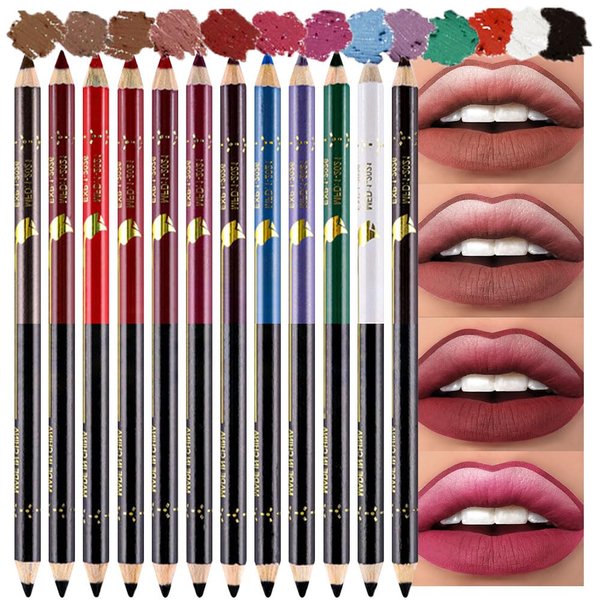 12 Pcs Double Head Rich Vibrant Colors Lip Liner Pencils Eye Liner Sticks Set with Sharpener for Daily Makeup,Easy to Apply & Remove,Waterproof (A)
