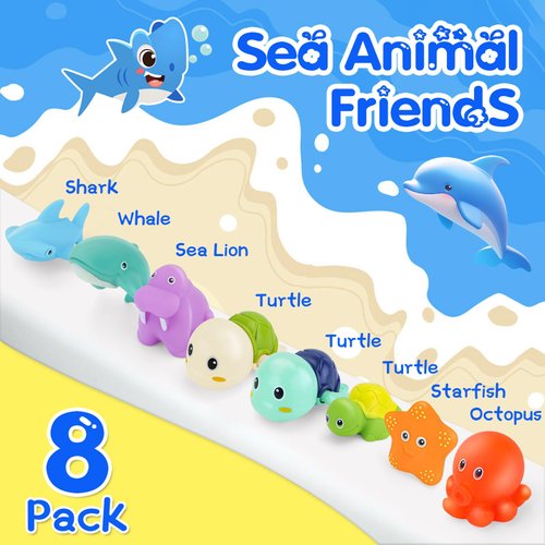 Bath Toys for Kids Ages 1-3, Silicone Bath Toys with Organizer 8pcs Bathtub Toys for Toddlers 2-4 Boys Girls Swimming Turtle Wind Up Toys Water Pool 0-6-12-18 Christmas Shower Gifts