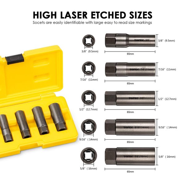 Topec 5-Piece Spiral Type Deep Extractor Set, Spark Plug Easy-out Set, for Removing Deeply trapped and Broken Bolts, Studs, Fittings, Threaded Pipes and Pins