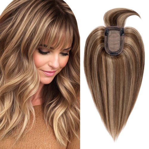 TESSHAIR Hair Toppers for Women Real Human Hair, 150% Density Silk Base Clip in Hair Extensions, Short Hair Topper Hair Pieces for Women with Thining Hair, Cover Gray Hair, With Bangs 12 Inch #4P27