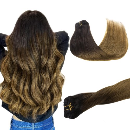 GOO GOO Clip in Hair Extensions Real Human Hair, 18inch 120g 7Pcs, 1D/2C/4E Chocolate Dip Color Melt, Remy Human Hair Extensions Clip ins for Women, Natural Human Hair