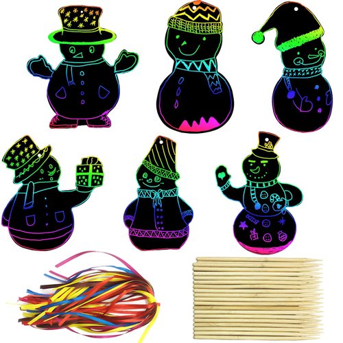 PARSUP 144Pcs Christmas Snowman Scratch Paper Rainbow Color Scratch Ornaments Christmas Decorations Hanging Craft Art Kits with Wooden Stick and Ribbon for Kids Christmas Winter Party Favors