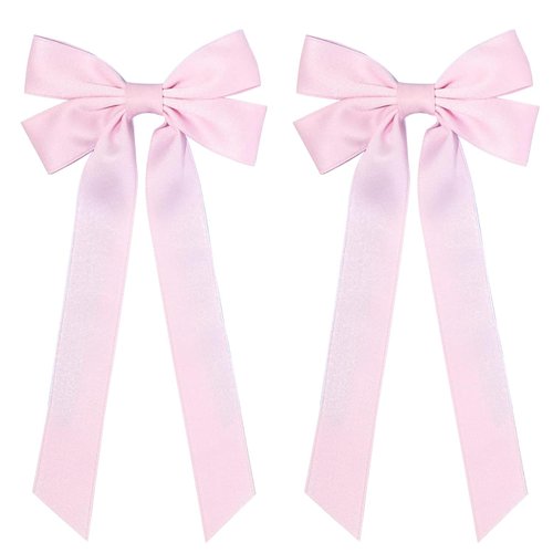 2PCS Silky Satin Hair Bows Ribbon Hair Clips, Alligator Hair Ribbon Barrettes, Ponytail Holder Hair Accessories Alligator Clips Hair Bow for Women Girls Kids (Pink)