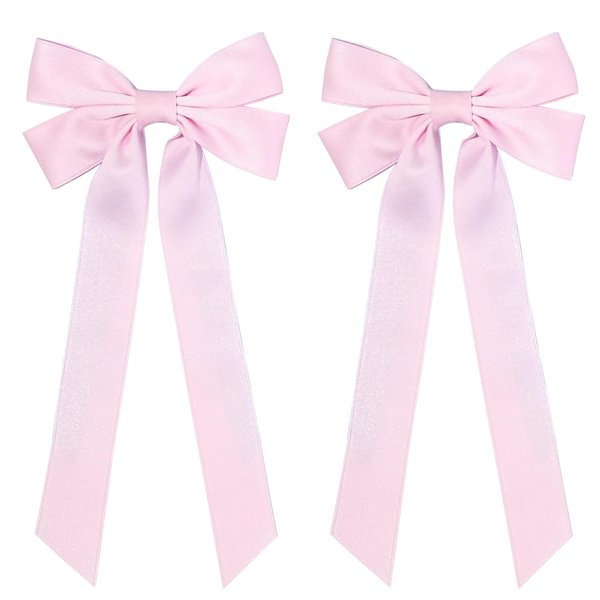 2PCS Silky Satin Hair Bows Ribbon Hair Clips, Alligator Hair Ribbon Barrettes, Ponytail Holder Hair Accessories Alligator Clips Hair Bow for Women Girls Kids (Pink)