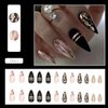 Black Almond Press on Nails Medium Length Gold Foil Fake Nails with Gold Foil Glitter Line Designs Glossy Coffin Nails Full Cover Nail Tips Glue on Nails Artificial Acrylic False Nails for Women 24Pcs