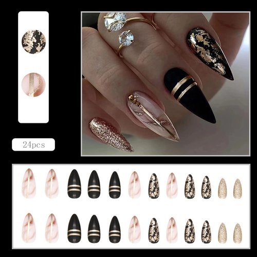 Black Almond Press on Nails Medium Length Gold Foil Fake Nails with Gold Foil Glitter Line Designs Glossy Coffin Nails Full Cover Nail Tips Glue on Nails Artificial Acrylic False Nails for Women 24Pcs