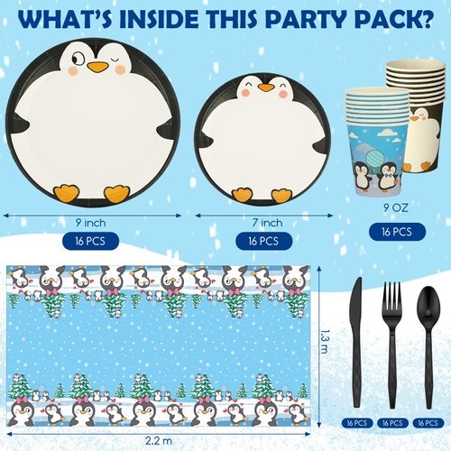 Yaomiao 133 Pcs Penguin Birthday Party Decorations Include Happy Birthday Penguin Banner Penguin Balloons Cake Topper Tablecloth Paper Plates Cups Cutlery for Winter Birthday Baby Shower Party (Cute)