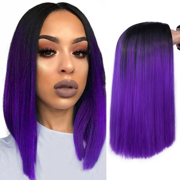 Quick Wig Purple Wig Short Straight Bob Wig Black to Purple Ombre Wig Colorful Wigs for Girls Shoulder Length Synthetic Raven Halloween Cosplay Party Wigs for Women