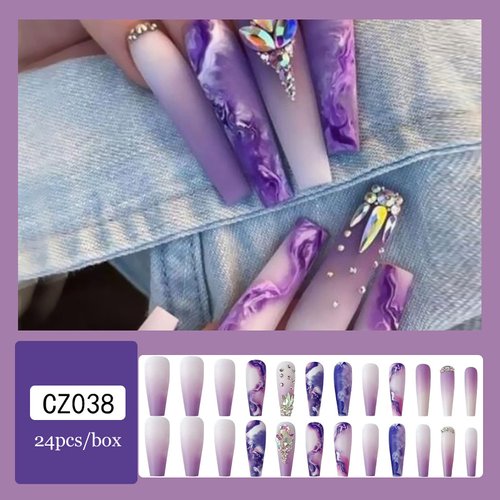 24 Pcs Press on Nails Long, Violet Fake Purple Full Cover False Nails with Rhinestone Designs Extra Long Glue on Nails Acrylic Nails for Women and Girls
