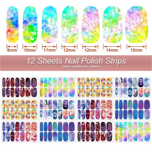 Nail Polish Strips Starry Star Style, DANNEASY 12 Sheets Adhesive Nail Stickers Gradient Nail Wraps for Women Manicure Kit 1Pc Nail File, Cuticle Stick