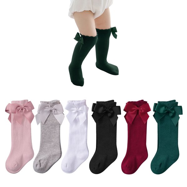 Century Star Baby Girls Bow Knee High Socks Toddlers Ruffled Tube Socks Infant School Uniform Leggings Long Stockings 06Pcs Black&White&Grey&Pink&Red&Dark Green 6-18 Months