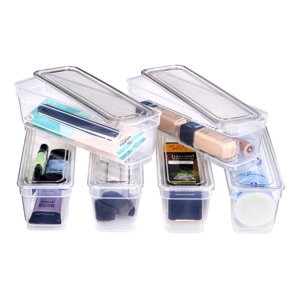 AB Designs Bin Pack, [6] Long Home Organizer Storage Boxes with Lids, Translucent Clear