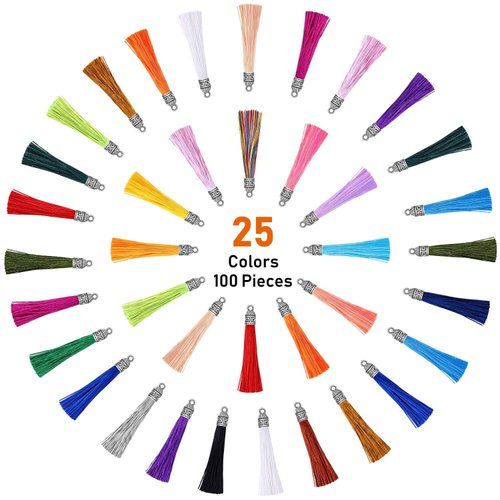 Tassels for Jewelry Making, Flasoo 100 Pieces Keychain Tassel Charms Silky Handmade Tassels Bulk for Resin DIY Crafts, Bracelets, Earrings, Keychain, Necklace