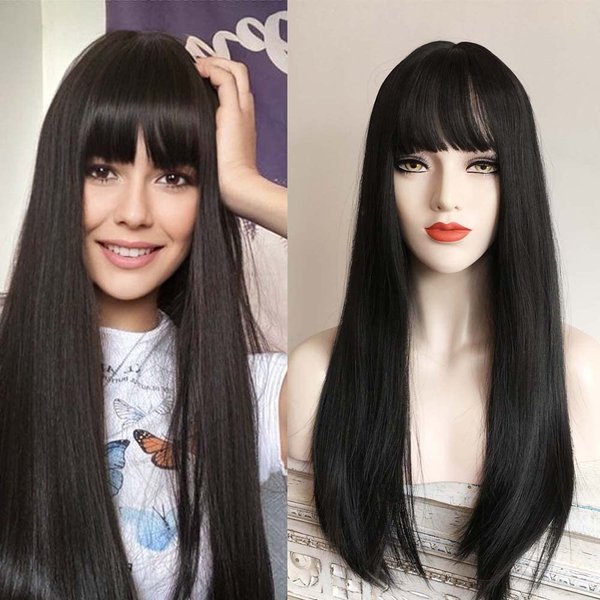 nevermindyrhead Natural Black Long Straight Fringe Bangs, Heat Resistance Synthetic Wigs for Women 24 Inch