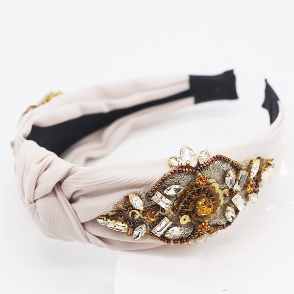 Yusier Baroque Rhinestone Crystal Headbands for Women Top Knot Headband Handmade Jewelry Girls Hair Accessories Exquisite Embroidered Wide Headbands Fashion Hairband (Beige)