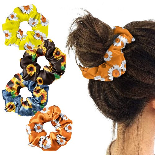 WIRESTER 4 Pcs Satin Hair Scrunchies, Silk Hair Ties, Soft Elastic Hair Bands Ponytail Holder, Silky Curly Hair Accessories for Women Girls - Sunflowers Daises Pattern