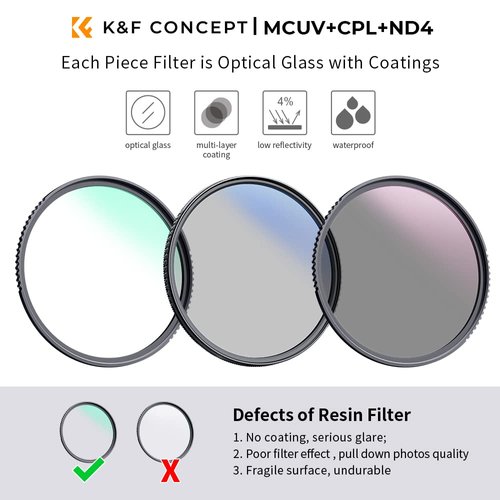 K&F Concept 67mm UV/CPL/ND Lens Filter Kit (3 Pieces)-18 Multi-Layer Coatings, UV Filter + Polarizer Filter + Neutral Density Filter (ND4) + Cleaning Cloth+ Filter Pouch for Camera Lens (K-Series)