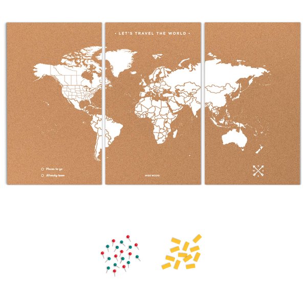 Push Pin Travel Map Kit Includes: Cork World Travel Map, Double Side tape, Pins. Gift for Travelers (White, Puzzle M Standard)
