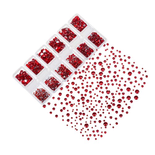 Zealer 1800pcs Crystals Red Nail Art Rhinestones Round Beads Top Grade Flatback Glass Charms Gems Stones for Nails Decoration Crafts Eye Makeup Clothes Shoes 300pcs Each (Mix SS3 6 10 12 16 20)